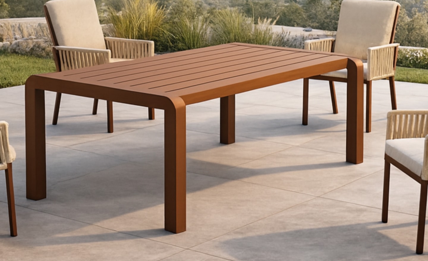 Conjunto Mesa e Cadeiras de Exterior California com mesa retangular, cadeiras com braços e revestimento em corda | Moveistore