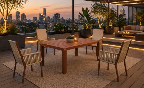 Conjunto Mesa e Cadeiras de Exterior California com mesa retangular, cadeiras com braços e revestimento em corda | Moveistore