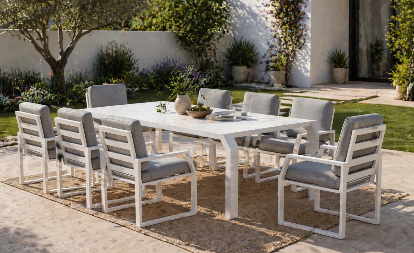 Conjunto Mesa e Cadeiras de Exterior Zafiro com mesa ripada em alumínio e cadeiras com braços | Moveistore