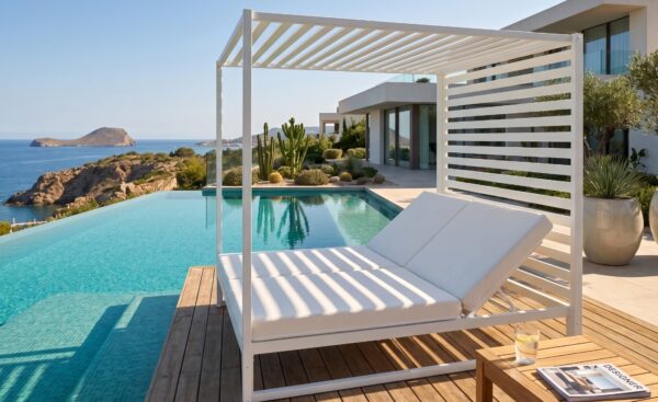 Daybed Santoni em alumínio com cobertura superior, encosto reclinável e colchão confortável | Moveistore