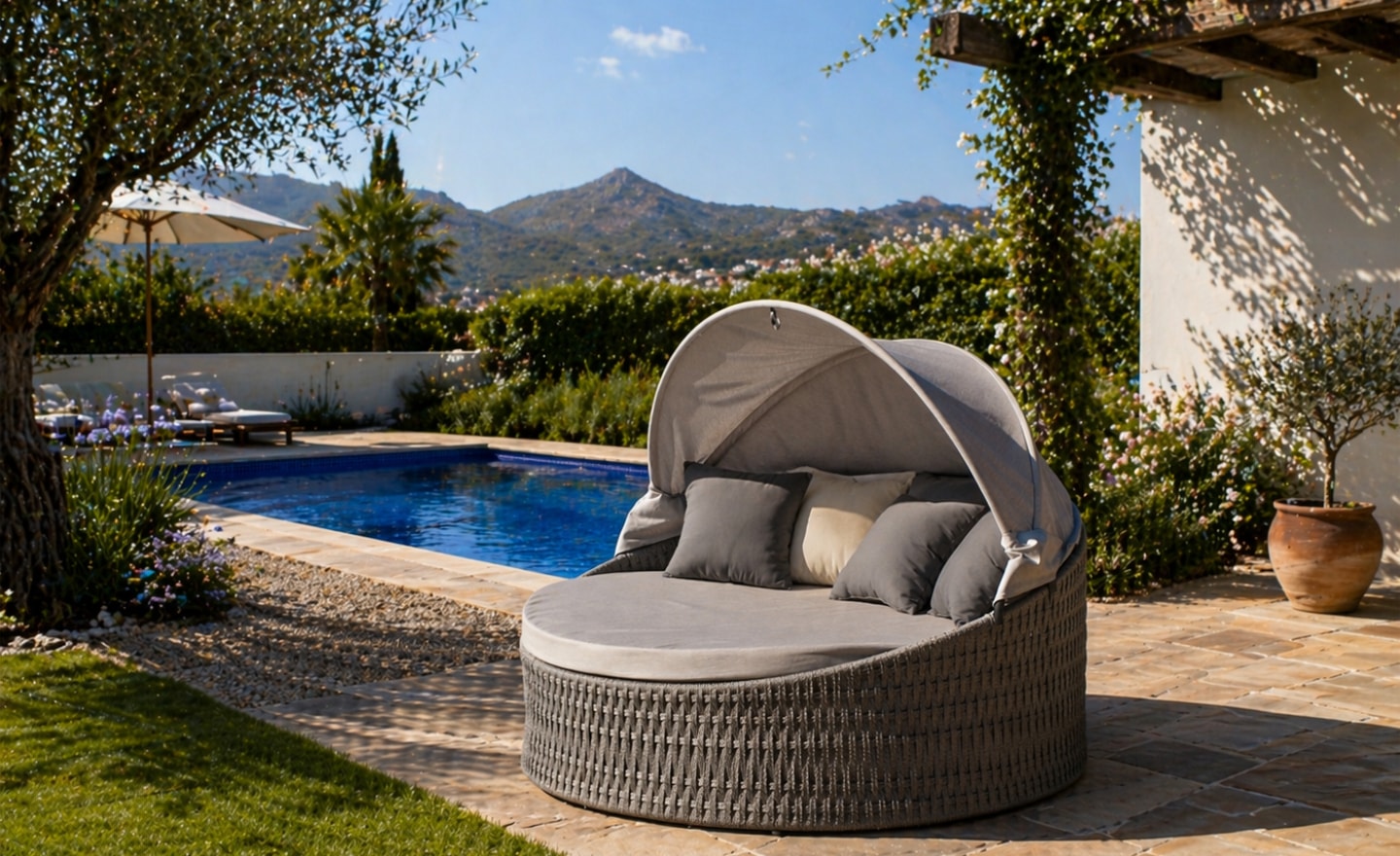 Daybed Tenerife redondo em alumínio com corda náutica entrançada e cobertura retrátil | Moveistore