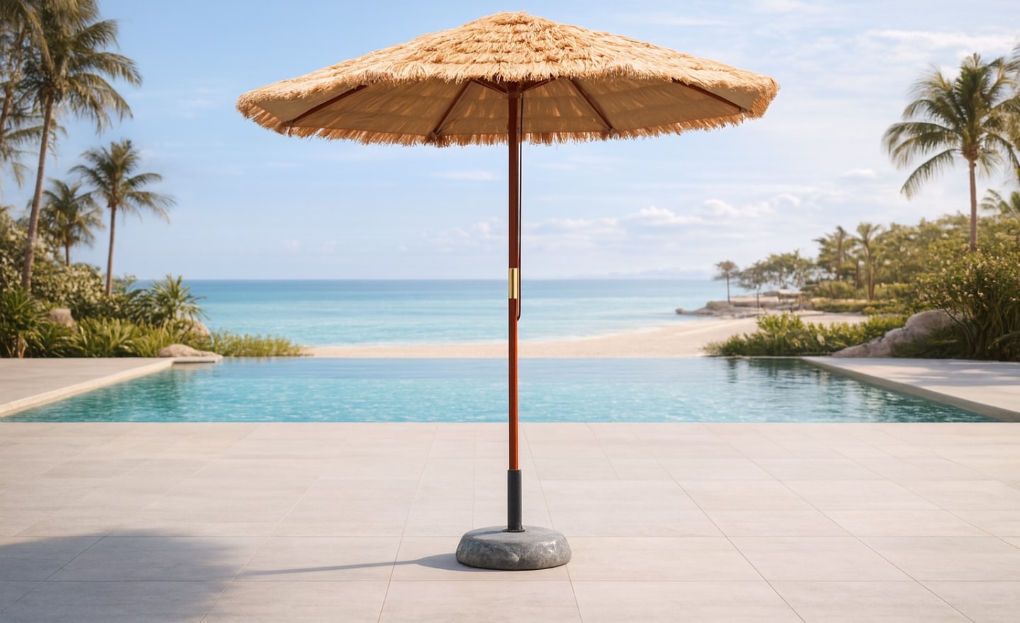 Guarda Sol Durban em madeira tropical com cobertura em ráfia e roldana dupla | Moveistore