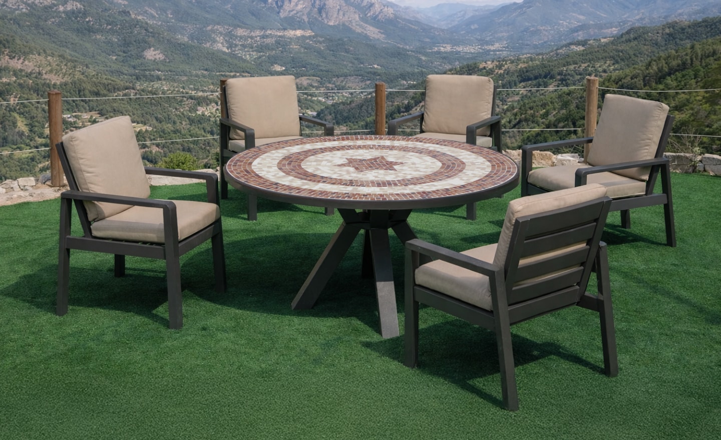 Mesa Redonda de Exterior com Cadeiras Sara com tampo em mosaico cerâmico artesanal e estrutura em alumínio | Moveistore