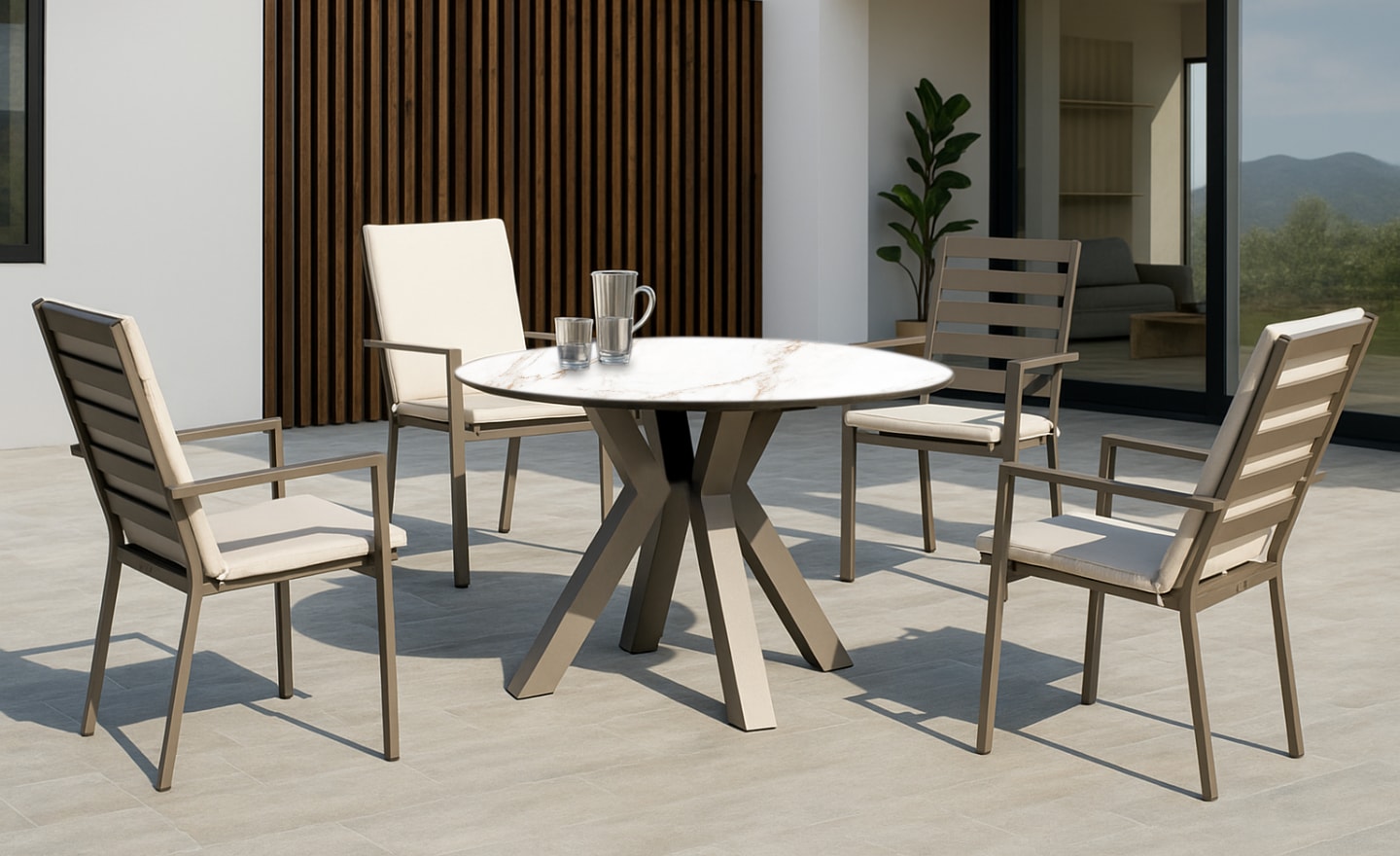 Mesa Redonda de Exterior com Cadeiras Veneto com tampo efeito mármore e cadeiras com braços | Moveistore