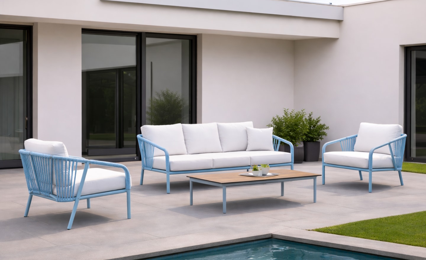 Set de Exterior Melbourne 1 com sofá, cadeirões e mesa de centro em alumínio reforçado | Moveistore