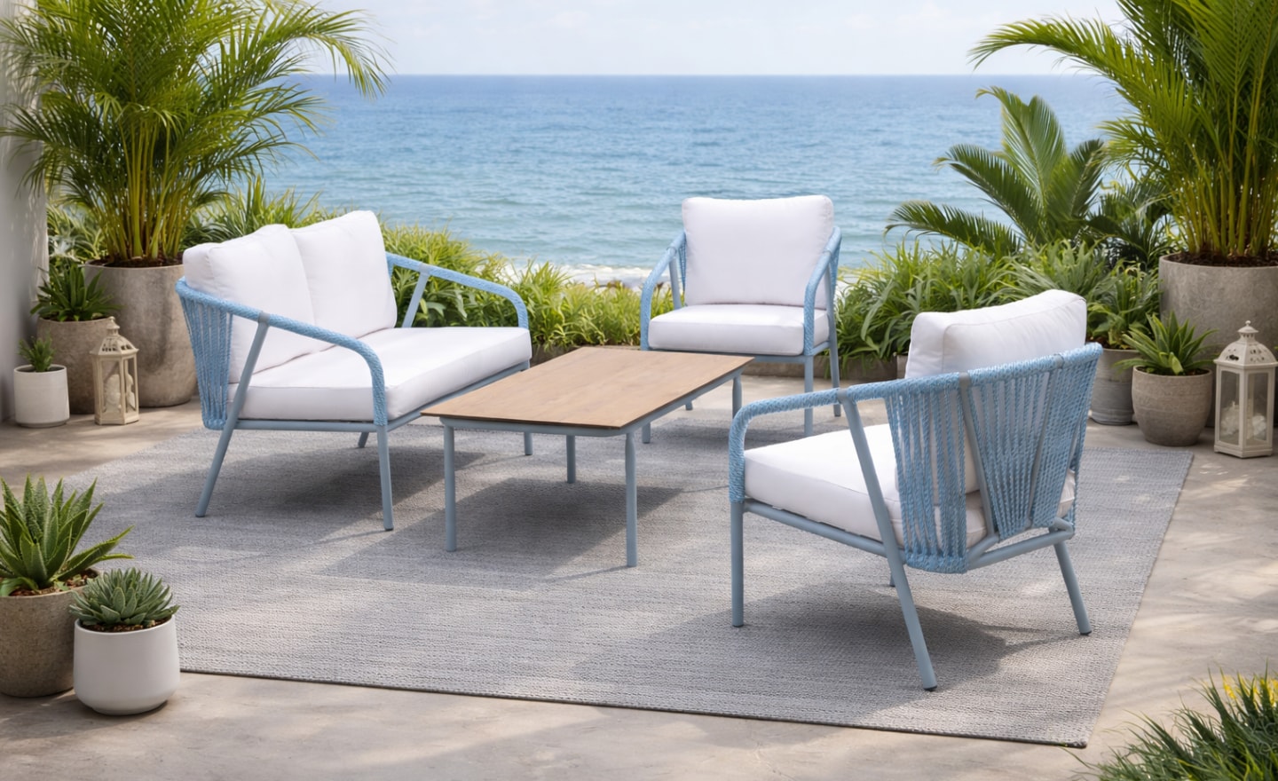 Set de Exterior Melbourne 2 com sofá, cadeirões e mesa de centro em alumínio reforçado | Moveistore