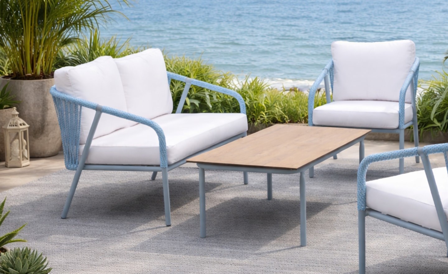 Set de Exterior Melbourne 2 com sofá, cadeirões e mesa de centro em alumínio reforçado | Moveistore