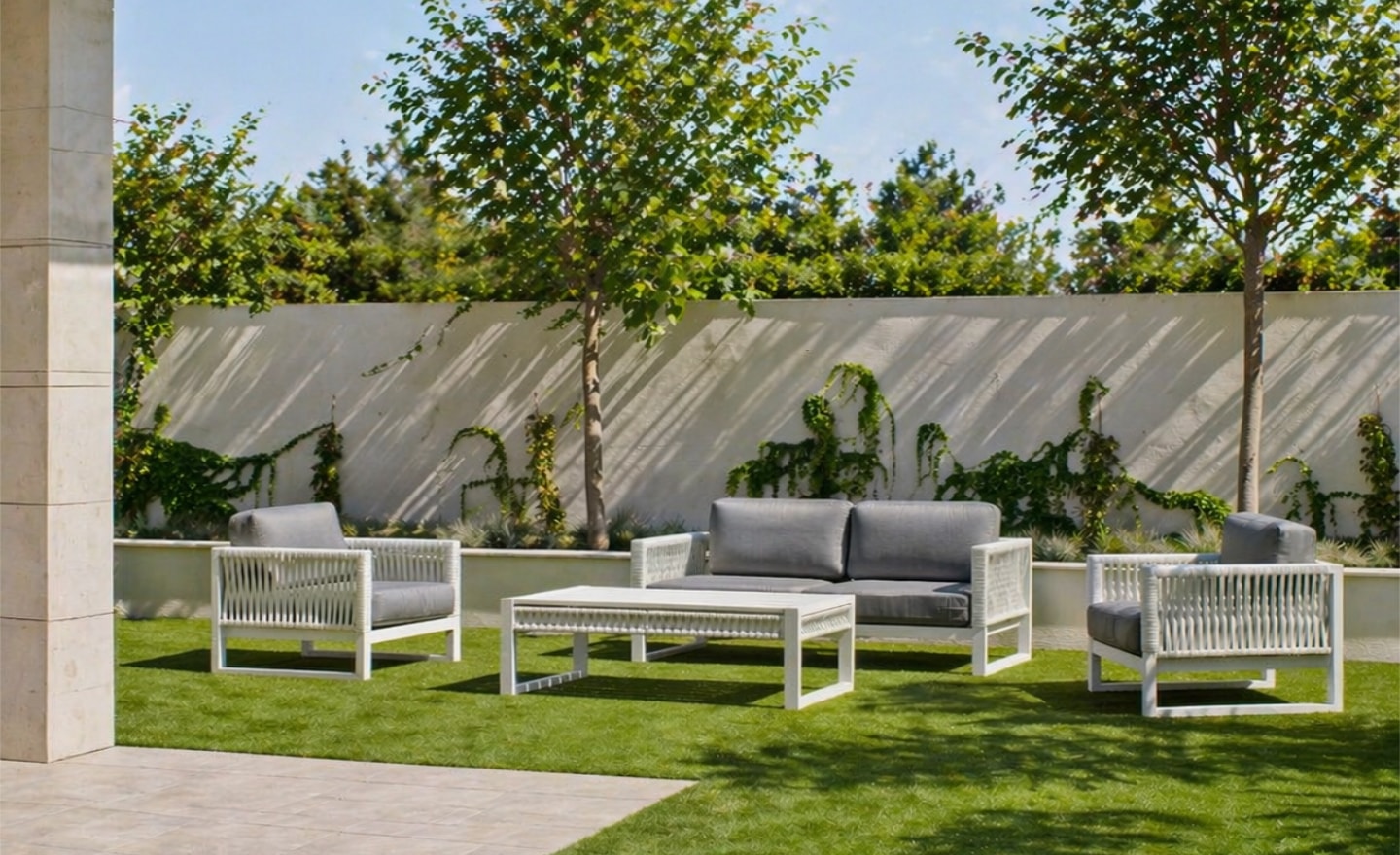 Set de Exterior Monterrey com sofá de 2 lugares, cadeirões, mesa de centro e corda náutica | Moveistore