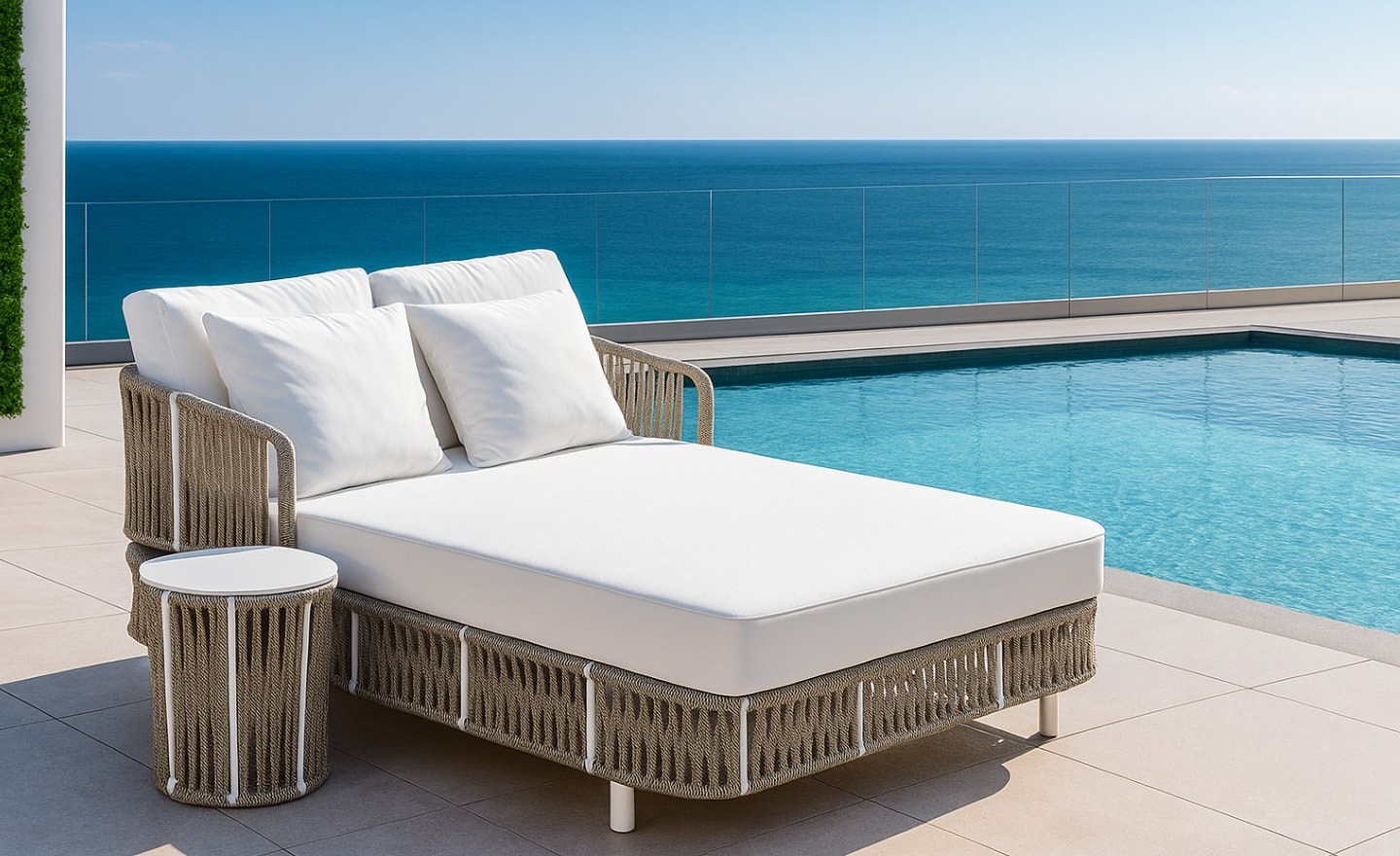 Sunbed Reinus com corda entrançada, almofadão amplo e mesa de apoio lateral | Moveistore